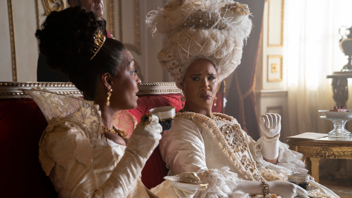 Bridgerton. (L to R) Adjoa Andoh as Lady Danbury, Golda Rosheuvel as Queen Charlotte in episode 201 of Bridgerton.