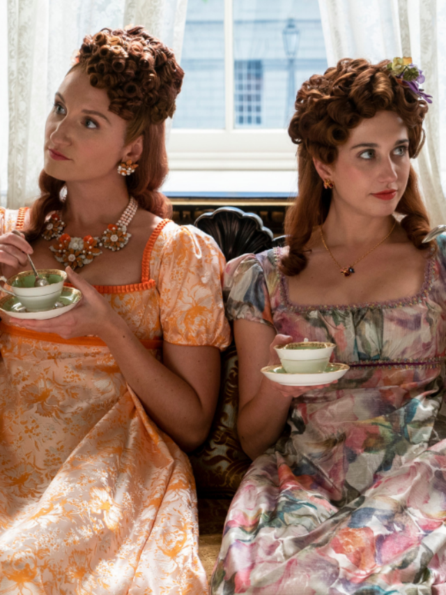 Bridgerton. (L to R) Bessie Carter as Prudence Featherington, Harriet Cains as Philipa Featherington in episode 208 of Bridgerton.