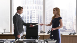 Gabriel Macht and Sarah Rafferty in Suits (2011).