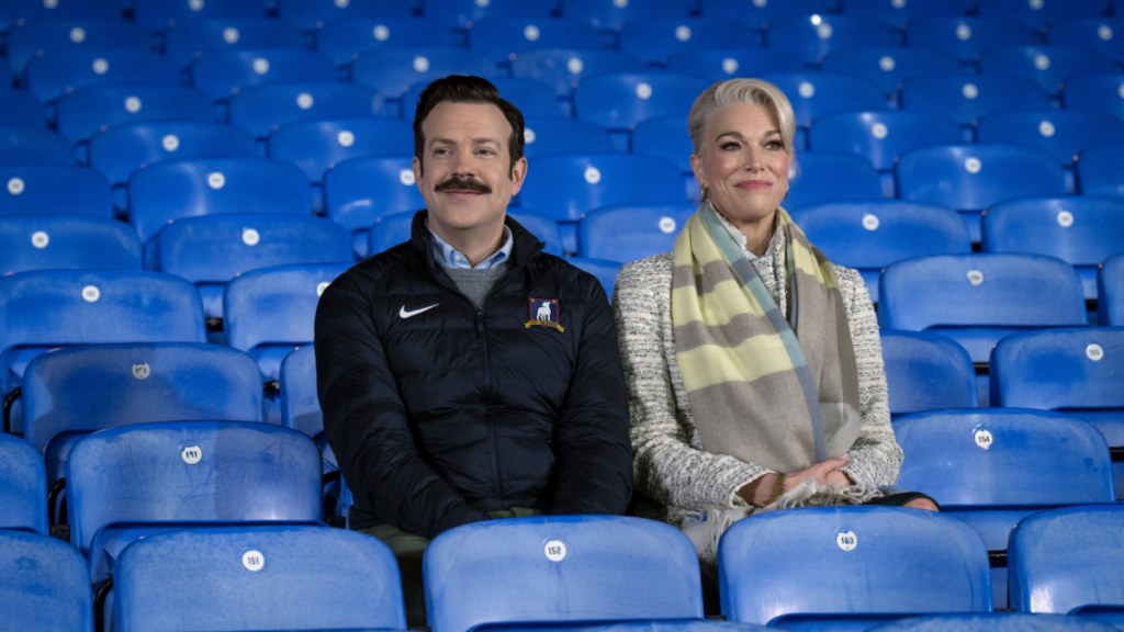Jason Sudeikis and Hannah Waddingham in "Ted Lasso," now streaming on Apple TV+.