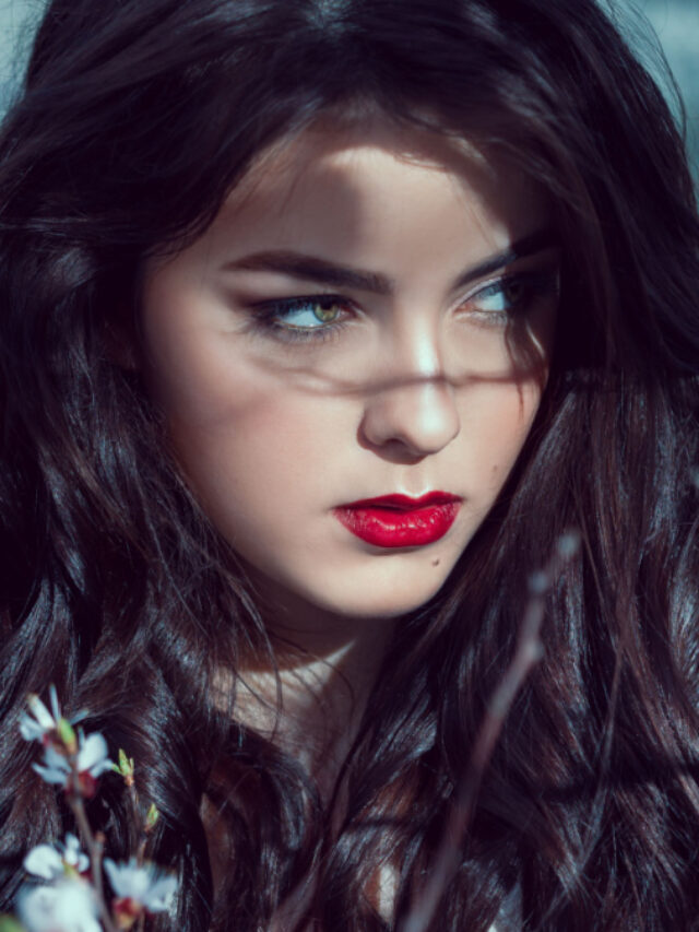Fashion Art Mystical Spring Model Girl Portrait in Moonlight Night.